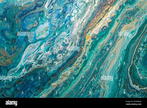 Abstract Fluid Art Background Turquoise Golden And White Ocean