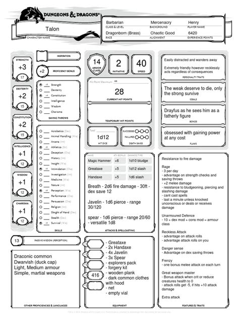 Dnd Character Sheet Template Role Playing Games Gaming