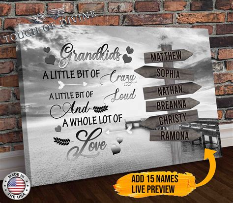 Grandkids 15 Names Boardwalk Canvas Print Grey Personalized Framed