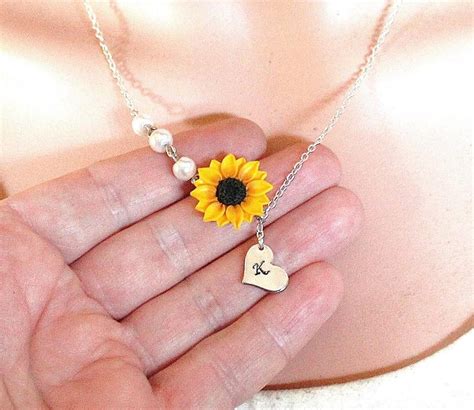 Sunflower Heart lariat Necklace, Yellow Sunflower Bridesmaid, Sunflower Flower Necklace, Bridal ...