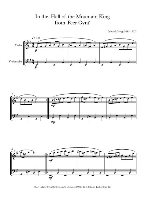 Grieg In The Hall Of The Mountain King Sheet Music For Violin Cello Duet Notes Com