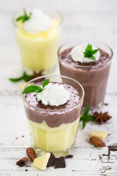 Chocolate And Vanilla Pudding With Whipped Cream Stock Photo Image Of