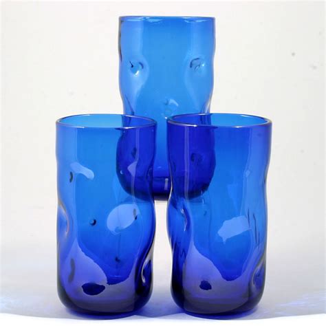 Blenko Cobalt Blue Art Glass Pinched Tumblers Vintage Mid Century Modern Cobalt Blue Blue Art