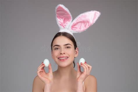 Easter Egg Hunt Happy Bunny Girl With Color Egg Smiling Woman In