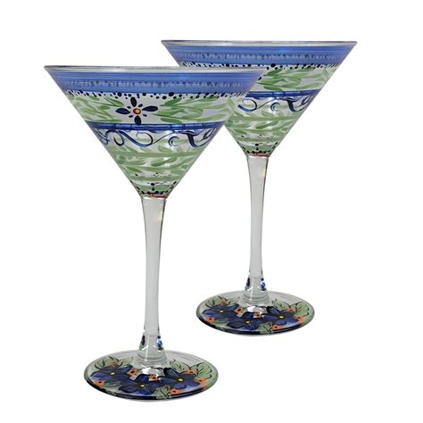 Set Of 2 Blue And Green Floral Hand Painted Martini Drinking Glasses 7 5 Oz