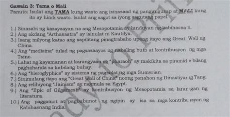 Gawain 3 Tama O Mall Panuto Isulat Ang Tama Kung Wasto Ang Isinasaad Ng Pangungusap At Mali