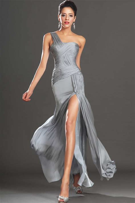 One Shoulder Silver Chiffon Evening Dress Vestidos Vestidos