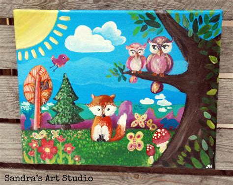 Whimsical Forest Animals Painting Made With Acrylic Paint On Canvas