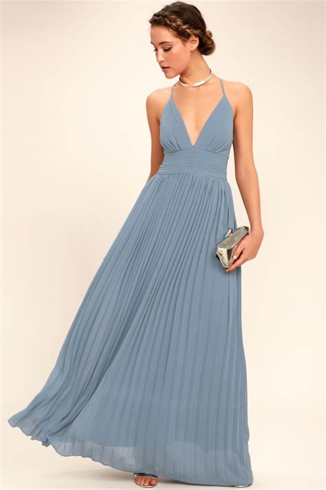 Stunning Dusty Blue Dress Pleated Maxi Dress Blue Gown