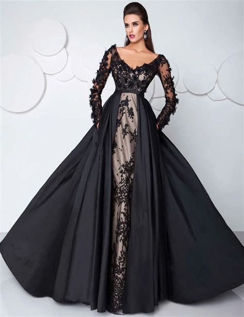 Arabic Sexy Black Evening Dresses With Pocket Illusion Lace Long Sleeves Formal Gowns China