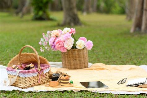 Picnic In Garden Picnic Wicker Basket Flower Bouquet Pastries And
