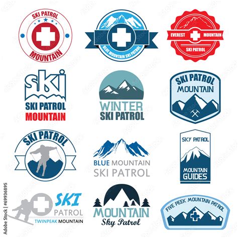 Set Of Ski Patrol Mountain Badges And Logo Patches Vector Illus Stock
