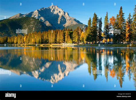 The Bow River Flows Through The Town Of Banff With Cascade Mountain In