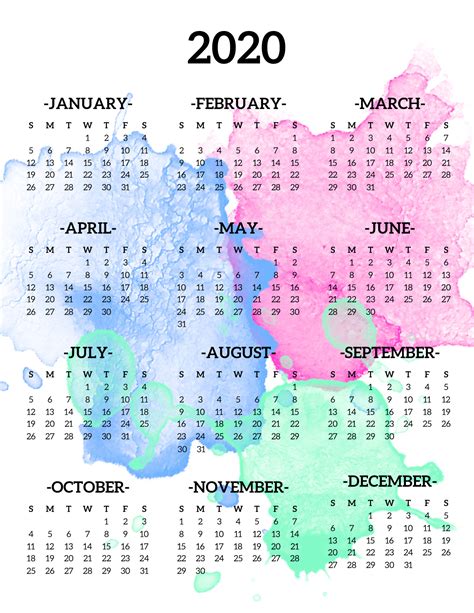 Calendar 2020 Year At A Glance