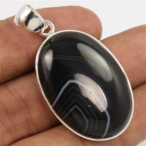 Natural Black Banded Agate Oval Cab Gemstone Pure Sterling Silver