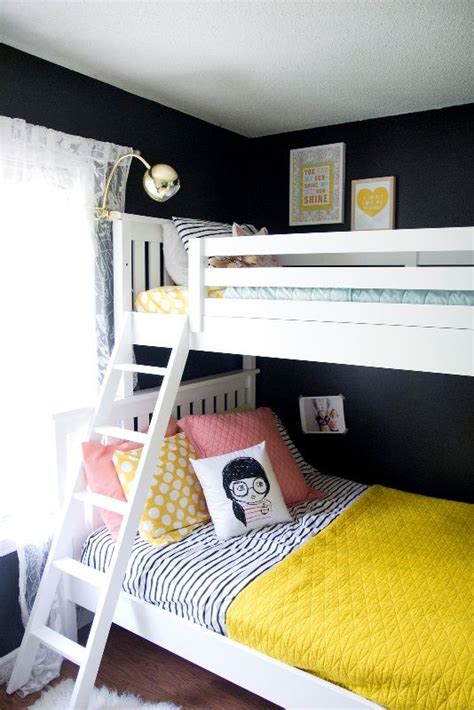 Neutral Shared Girls Bedroom Design With Bright Pops Of Color