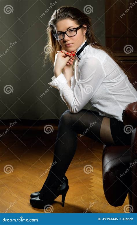 The Girl In Glass And Stockings Sits Stock Image Image Of Beauty