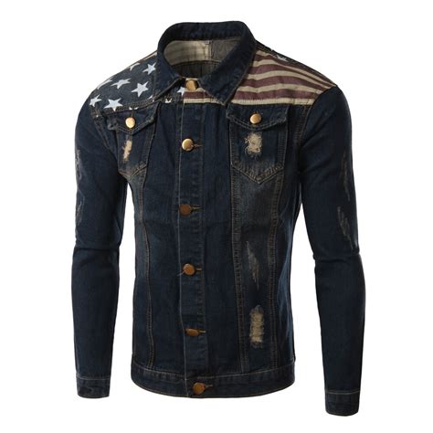 Brand Denim Jacket Men 2017 Fashion American Flag Patchwork Design Jean