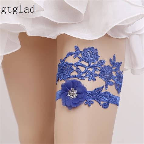 Wedding Garters Rhinestone Lace Blue Embroidery Floral Sexy Garters 2pcs Set For Womenbride