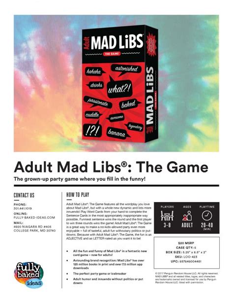 Adult Mad Libs Sell Sheet Looney Labs