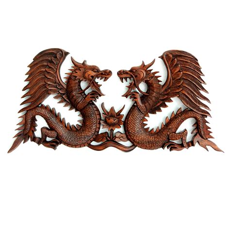 Wood Relief Panel Winged Dragons Handmade Wall Art Wood Sculpture