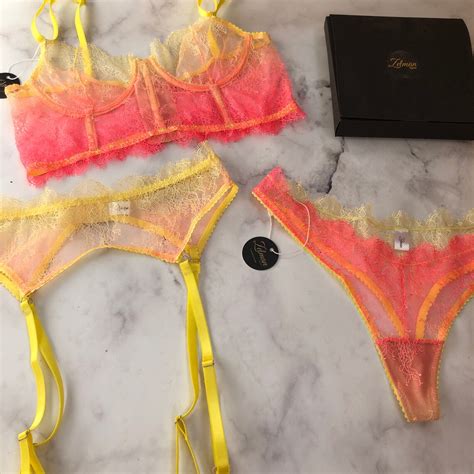 Neon Yellow Orange Lace Lingerie Set Panties Stocking Belt Etsy