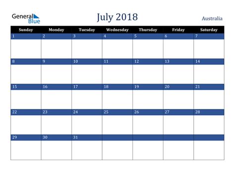 Australia July 2018 Calendar With Holidays