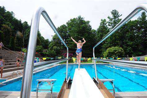 A Man Standing On The Edge Of A Swimming Pool With His Arms In The Air