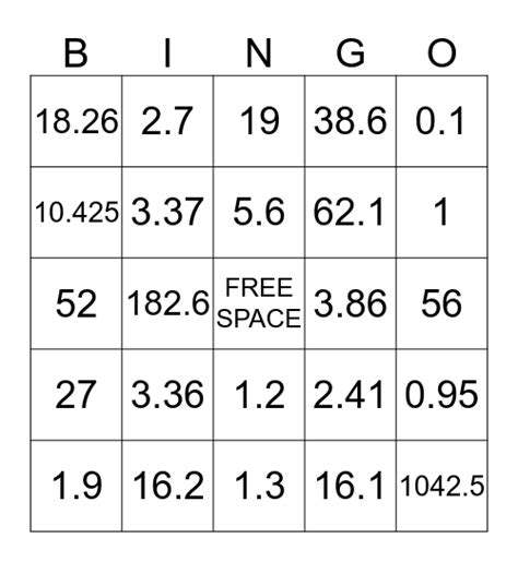Decimal Bingo Bingo Card