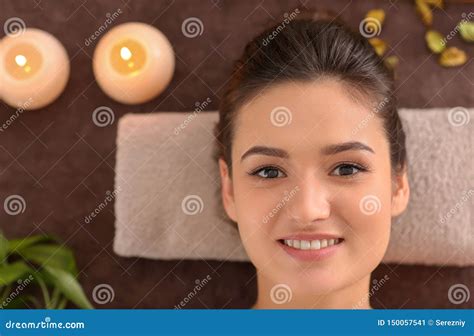 Young Woman Relaxing On Massage Table At Spa Salon Top View Stock Image Image Of Beauty Rest