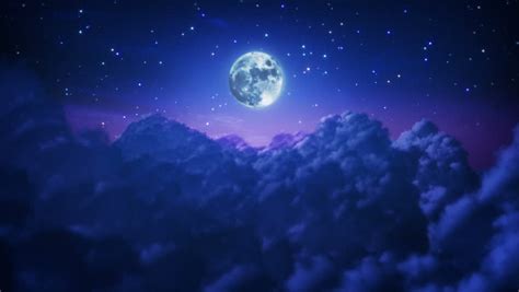 Flying Through Cloudy And Starry Night Sky With Full Moon Loopable