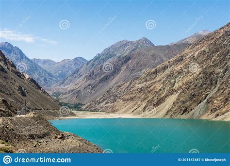 Lake Surrounded By Mountains Sadpara Dam In Skardu Pakistan Stock