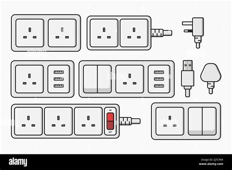 Power Outlet Plug Electric Socket Type G Switcher Set Vector Flat