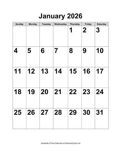 Free 2026 Large Number Calendar