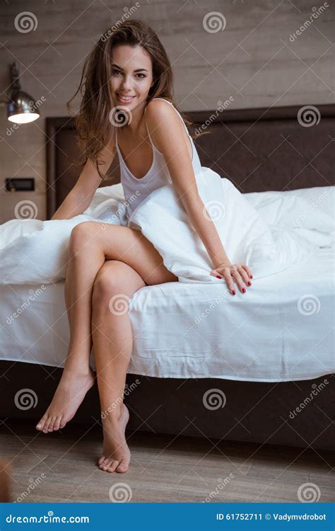 Woman In Night Cloth Sitting On The Bed Stock Image Image Of Caucasian Happy