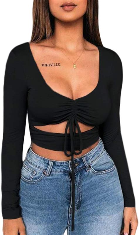 Womens Sexy Long Sleeve Deep U Neck Crop Tops Hollow Out Tie Knot Club