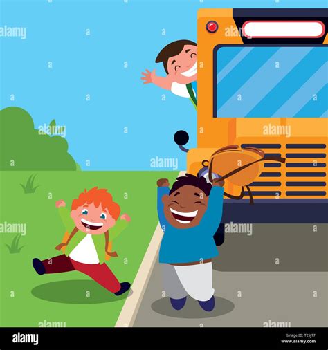 Felices Niños Interraciales En La Parada De Autobús Ilustración