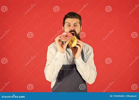 Feel Hunger Bearded Man In Chef Apron Brutal Waiter On Kitchen Mature Man Red Background