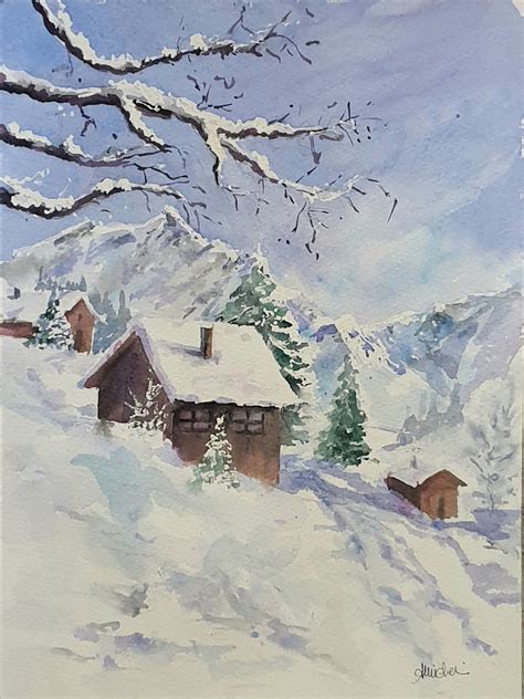Snowy Mountain Cabin Original Watercolor Painting Log Cabins In The