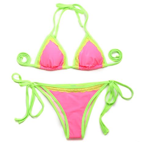 Sexy Swimsuit Pink Double Green Lace Trim Triangle Top With Classic