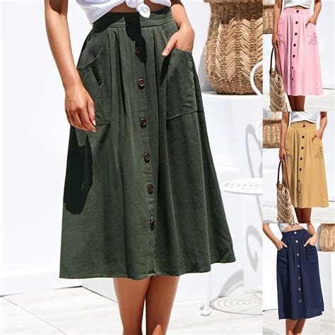women vintage skirt mid calf length single breasted pockets skirt casual loose female vacation