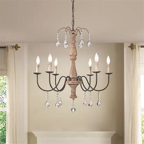 6 Light White Rustic Vintage Wooden Chandelier With Crystals Edvivi