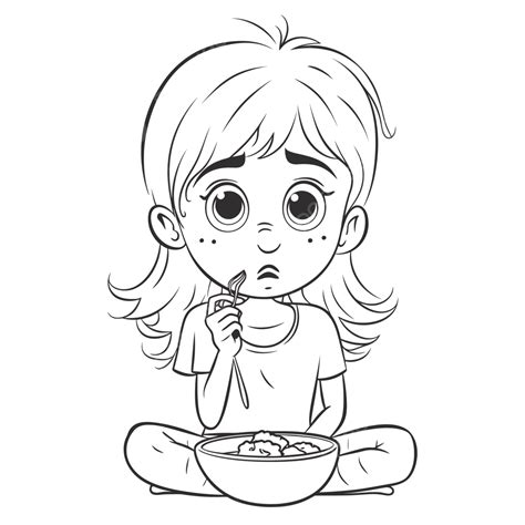 Color Girl With Bowl Eating Cereal Coloring Image Outline Sketch