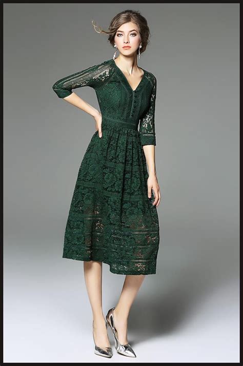 dark green lace dress 3 4 sleeves v neck a line 2017 spring long