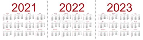 Set Of Minimalist Calendars Years 2021 2022 2023 Weeks Start Sunday