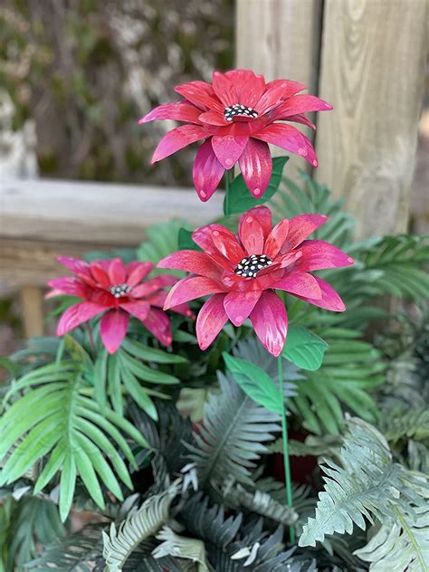 Pink Metal Flower Garden Stakesset Of Three Daylily Metal