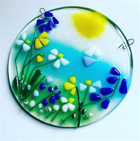 Handmade fused glass spring meadow flowers sun light catcher hanging gift decoration, red, yellow, blue or pinky artglassbyjessica. Fused glass suncatcher of a sea view on a spring day. # ...