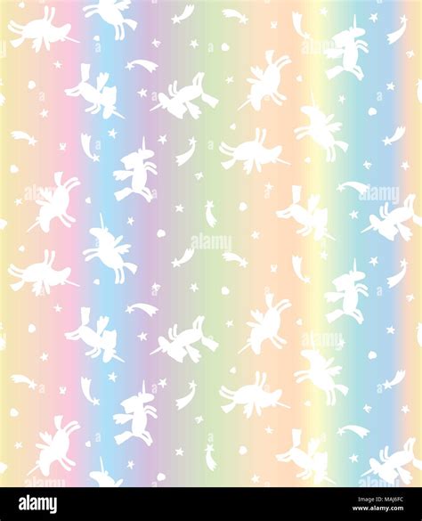 Vector Seamless Pattern Of White Unicorns On Pastel Rainbow Background
