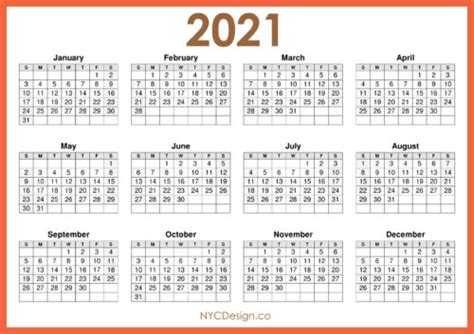 2021 Calendar Printable Free Horizontal Orange Hd Sunday Start