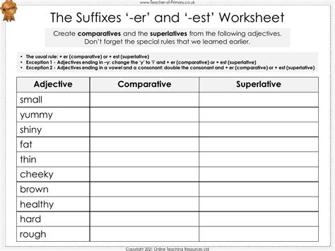The Suffixes Er And Est Worksheet English Year 2